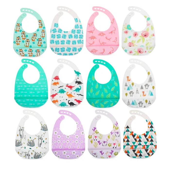 2 Pack Adjustable Easy Clean Soft Silicone Bibs with Scoop