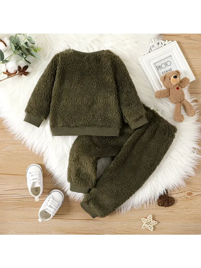 2pcs Baby Boy/Girl Thermal Fuzzy Pullover and Pants Set
