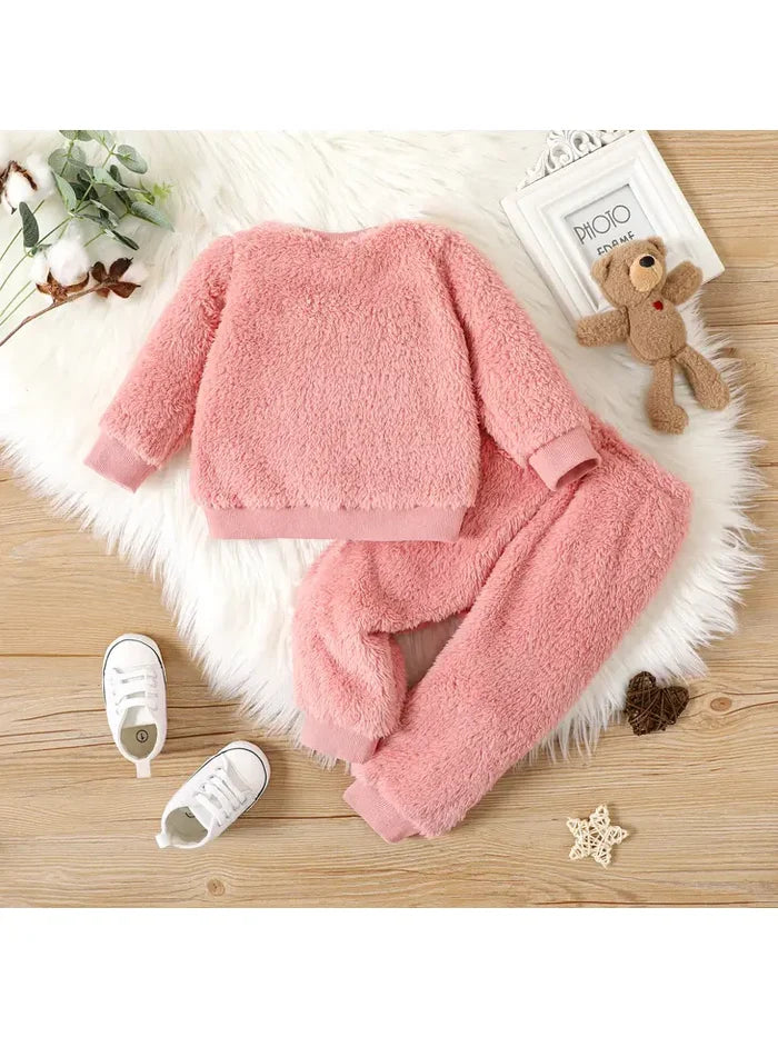 2pcs Baby Boy/Girl Thermal Fuzzy Pullover and Pants Set