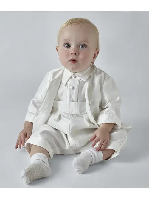 3 piece boys Christening set, Jacket, Romper & Hat