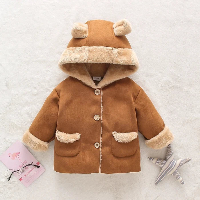 3D Ear Solid Suede and Fleece Baby Hooded Coat Jacket