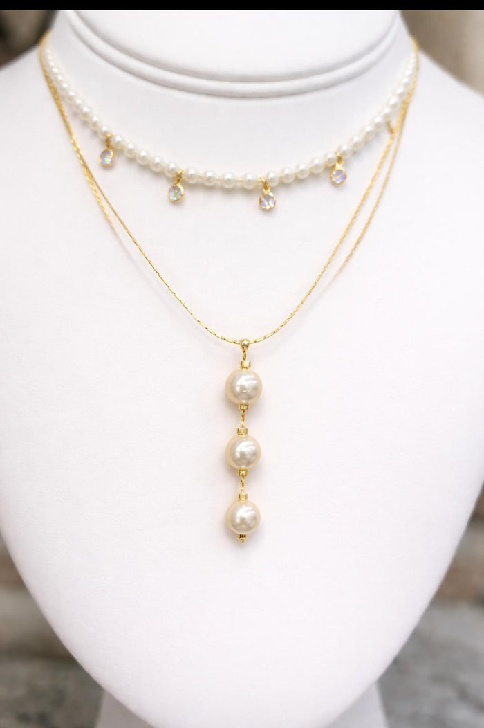Adjustable Choker Necklace with Three Pearl Drop Charms