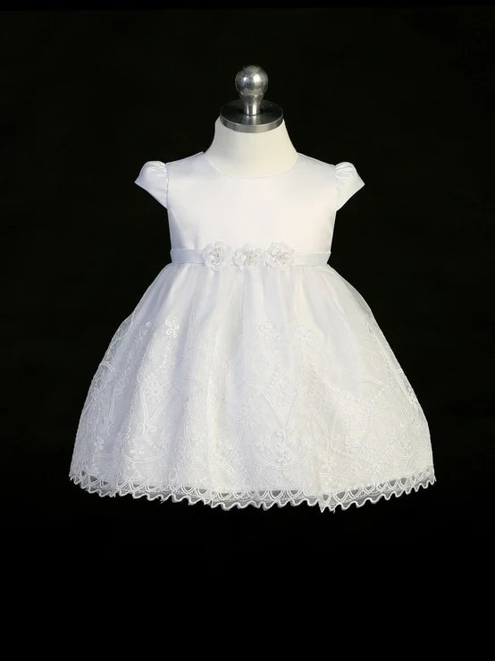 Baptism Dress with Cap Sleeves and Lace Applique on Skirt
