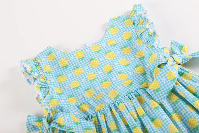 Blue Gingham Pineapple Print Baby Ruffle Dress
