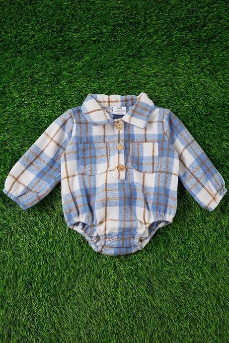 Blue Plaid Fleece Fabric Baby Onesie w/ Snaps