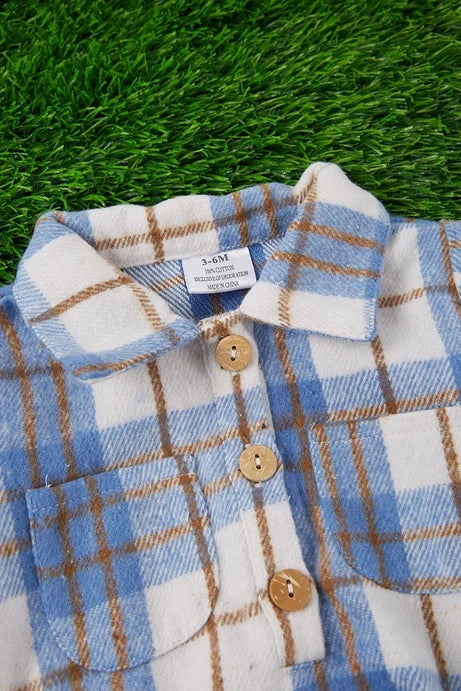 Blue Plaid Fleece Fabric Baby Onesie w/ Snaps