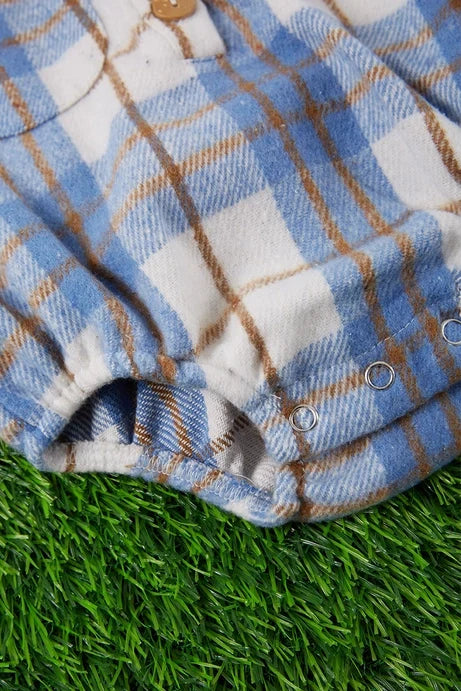 Blue Plaid Fleece Fabric Baby Onesie w/ Snaps