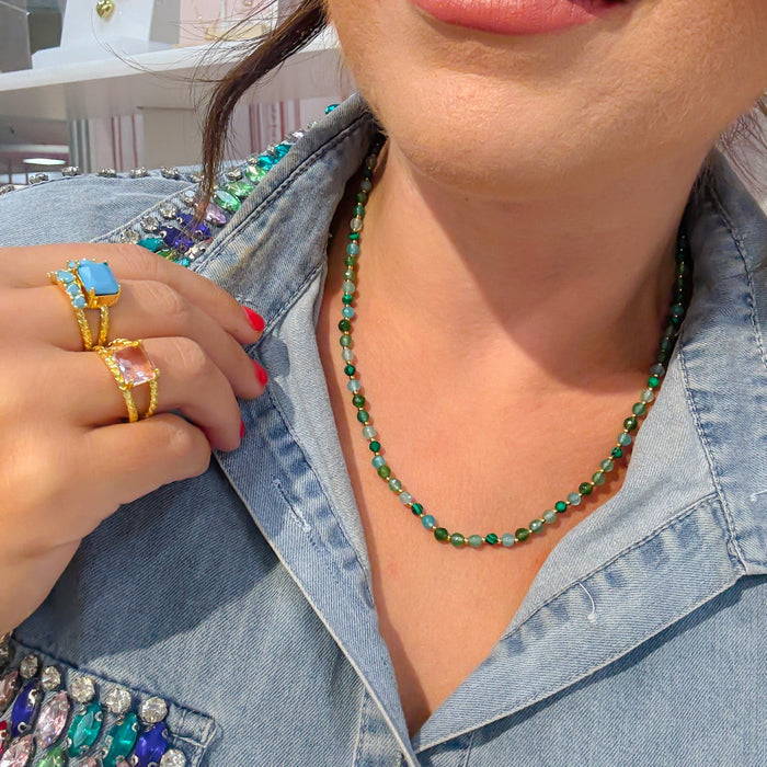 Colorful charms gold necklace featuring gemstone details, layered jewelry design, trendy accessory for women’s jewelry collections, boutique wholesale fashion necklace that is hypoallergenic, tarnish free, and waterproof jewelry with a cute aesthetic statement style