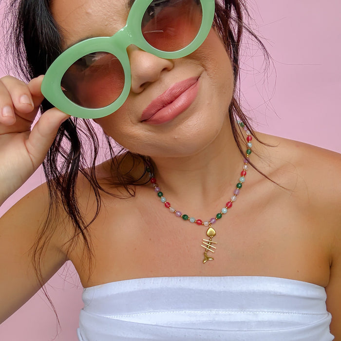 Colorful charms gold necklace featuring gemstone details, layered jewelry design, trendy accessory for women’s jewelry collections, boutique wholesale fashion necklace that is hypoallergenic, tarnish free, and waterproof jewelry with a cute aesthetic statement style