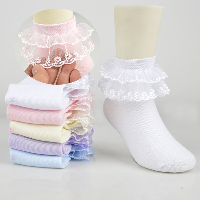 Children cute double lace kids socks 100% cotton school teen socks crew white girls sock