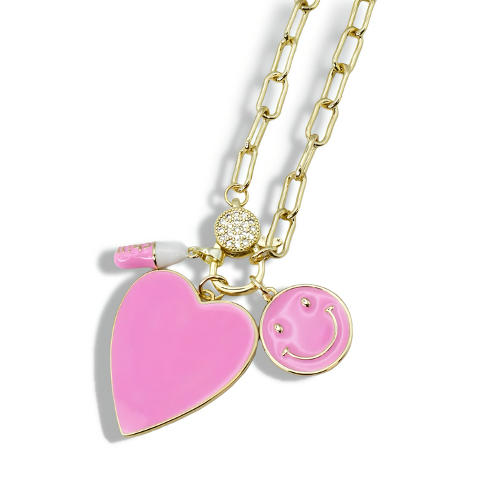 Colorful charms gold necklace featuring gemstone details, layered jewelry design, trendy accessory for women’s jewelry collections, boutique wholesale fashion necklace that is hypoallergenic, tarnish free, and waterproof jewelry with a cute aesthetic statement style