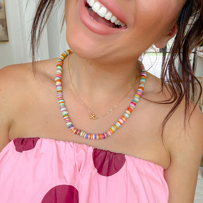 Colorful charms gold necklace featuring gemstone details, layered jewelry design, trendy accessory for women’s jewelry collections, boutique wholesale fashion necklace that is hypoallergenic, tarnish free, and waterproof jewelry with a cute aesthetic statement style