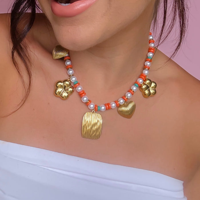 Colorful charms gold necklace featuring gemstone details, layered jewelry design, trendy accessory for women’s jewelry collections, boutique wholesale fashion necklace that is hypoallergenic, tarnish free, and waterproof jewelry with a cute aesthetic statement style