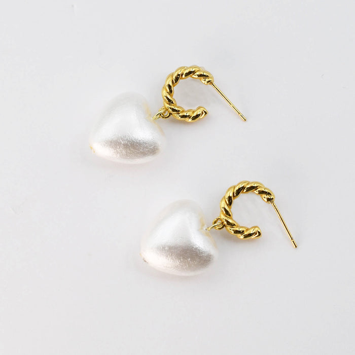 gold hoop pearl heart earrings, twisted drop design, boutique jewelry style, tarnish free, hypoallergenic, waterproof, wholesale earrings for boutique