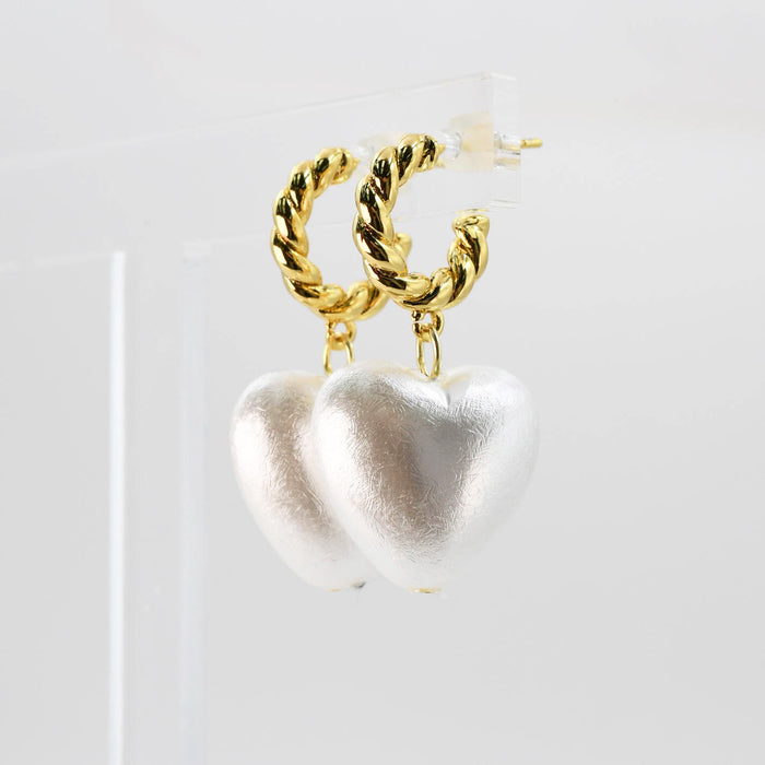 gold hoop pearl heart earrings, twisted drop design, boutique jewelry style, tarnish free, hypoallergenic, waterproof, wholesale earrings for boutique