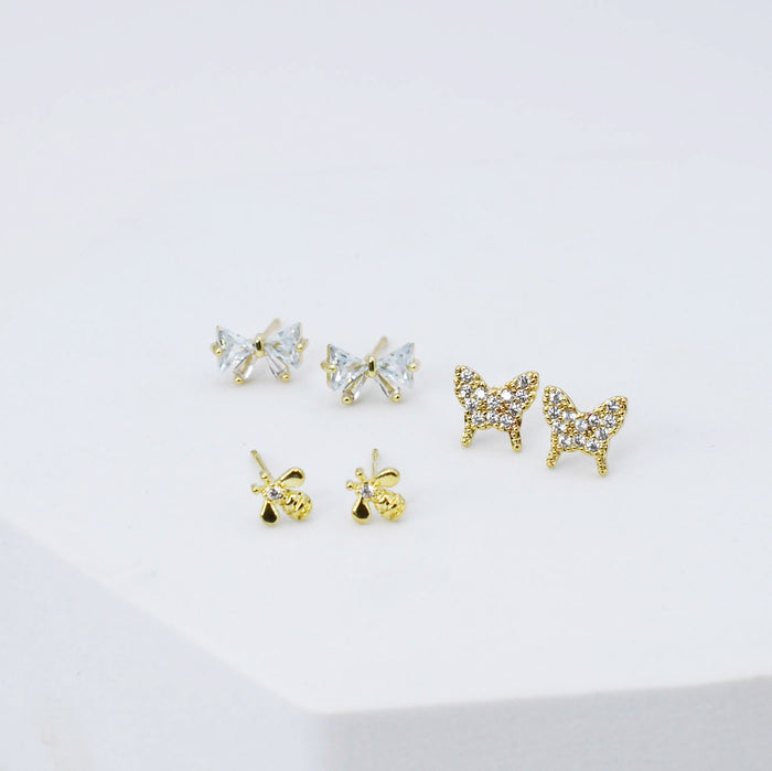 gold butterfly stud earrings set, crystal bow studs, mini bee earring trio, dainty gold jewelry pack, boutique style accessories, tarnish free, hypoallergenic, waterproof, wholesale earrings for boutique