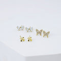gold butterfly stud earrings set, crystal bow studs, mini bee earring trio, dainty gold jewelry pack, boutique style accessories, tarnish free, hypoallergenic, waterproof, wholesale earrings for boutique