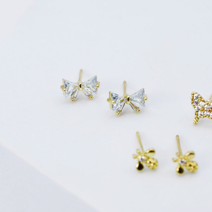 gold butterfly stud earrings set, crystal bow studs, mini bee earring trio, dainty gold jewelry pack, boutique style accessories, tarnish free, hypoallergenic, waterproof, wholesale earrings for boutique