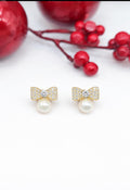 Elegant Bow Pearl Stud Earrings with Crystals