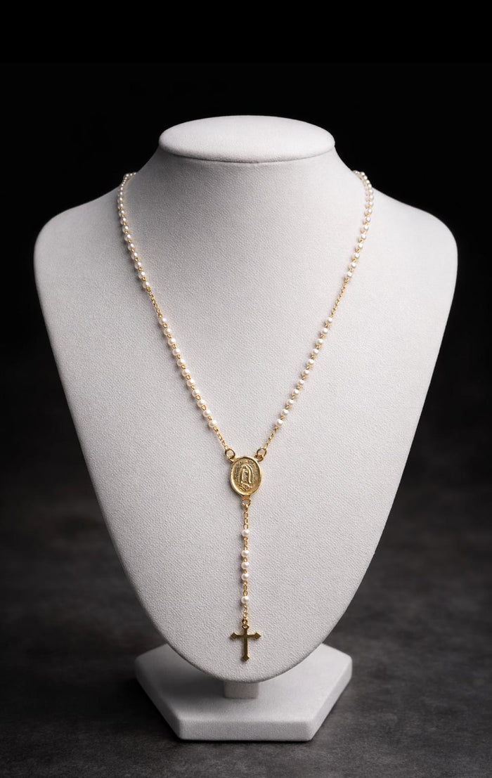 Elegant Pearl Rosary with Religious Medal
