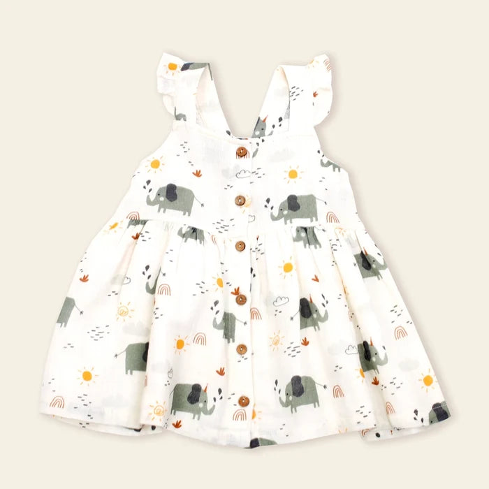Elephant Button Baby Dress + Bloomer Set (Organic Muslin)