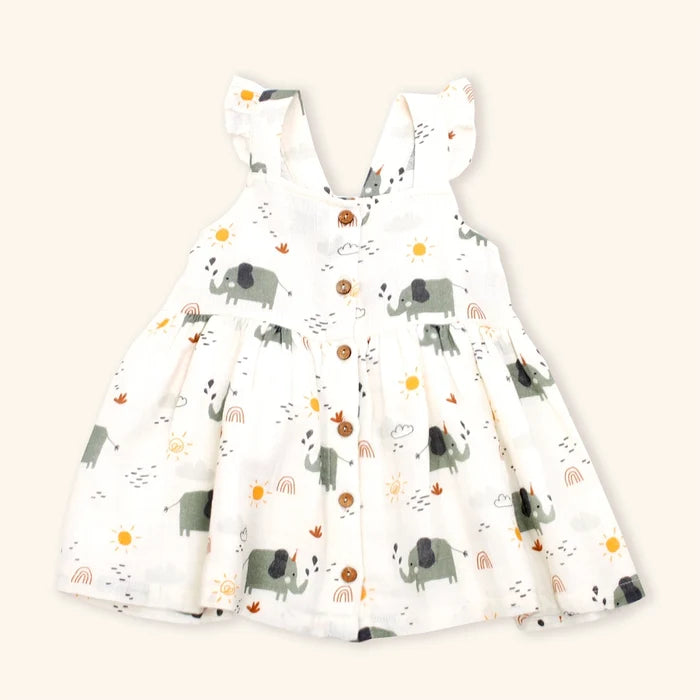 Elephant Button Baby Dress + Bloomer Set (Organic Muslin)