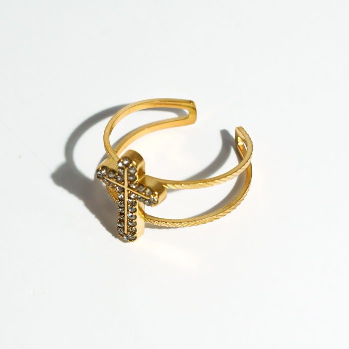 hypoallergenic ring, waterproof ring, tarnish free jewelry, boutique wholesale jewelry, dainty gold ring, gemstone statement ring, sparkly cubic zirconia ring, high quality jewelry gifts, elegant gold plated ring, trendy fashion ring, pastel gemstone ring,sparkle gold cross ring