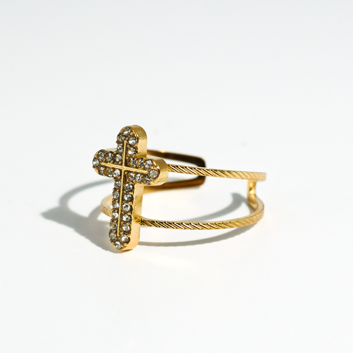 hypoallergenic ring, waterproof ring, tarnish free jewelry, boutique wholesale jewelry, dainty gold ring, gemstone statement ring, sparkly cubic zirconia ring, high quality jewelry gifts, elegant gold plated ring, trendy fashion ring, pastel gemstone ring,sparkle gold cross ring