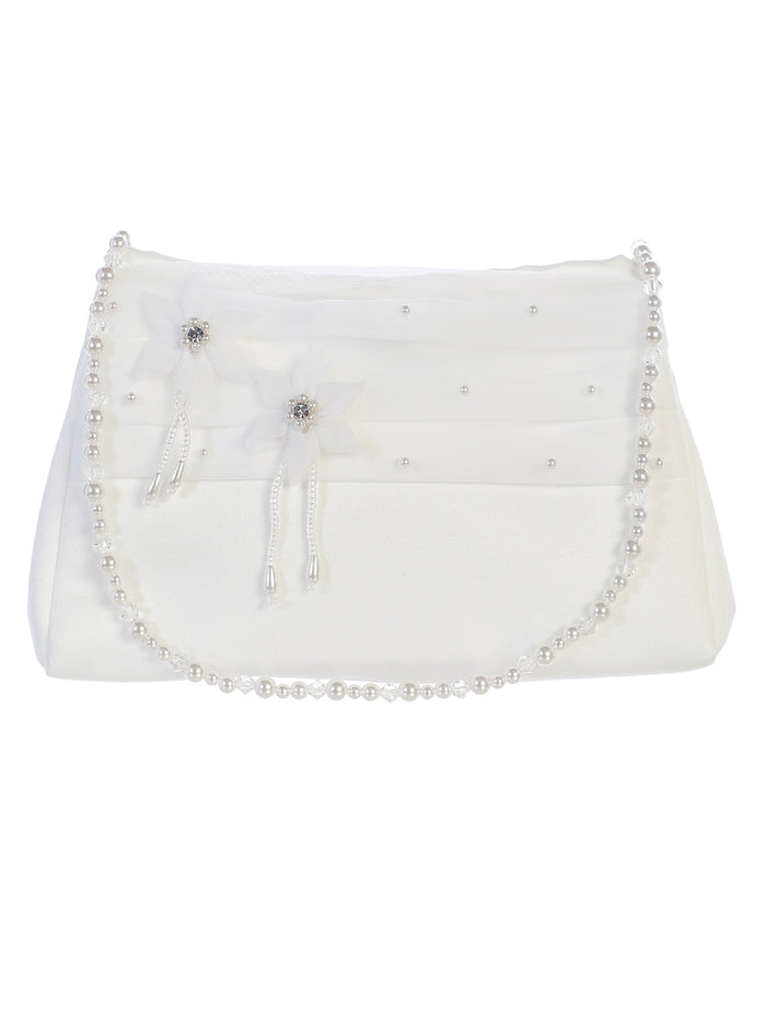 Girls Satin Purse with Organza Pleats with Flower Accens and a Pearl and Bead Strap