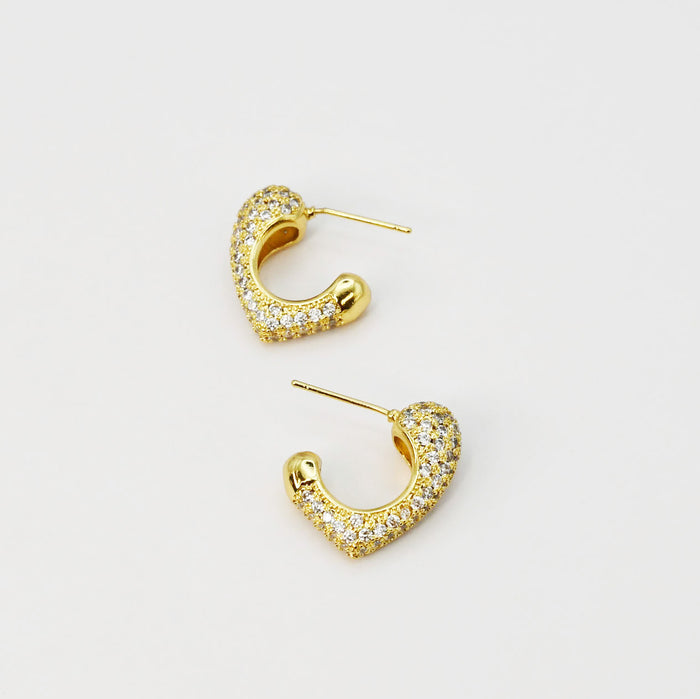 gold pave hoop earrings, sparkly curved mini hoops, boutique jewelry accessory, elegant design for women, hypoallergenic earrings, tarnish free, waterproof, wholesale earrings for boutique