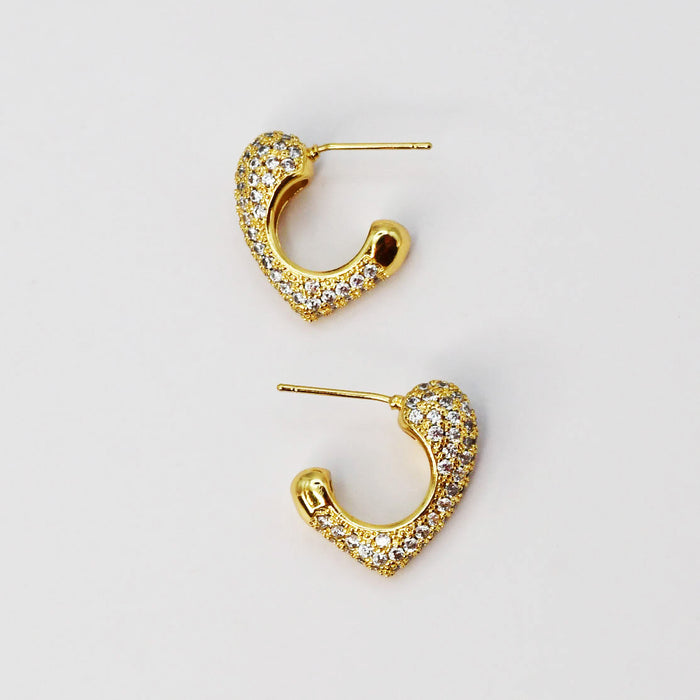 gold pave hoop earrings, sparkly curved mini hoops, boutique jewelry accessory, elegant design for women, hypoallergenic earrings, tarnish free, waterproof, wholesale earrings for boutique