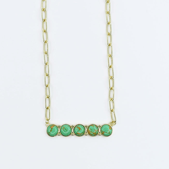 gold necklace with turquoise bar details, wholesale jewelry for women's boutiques, statement accessory, boutique wholesale jewelry, waterproof and hypoallergenic design, tarnish free and trendy necklace