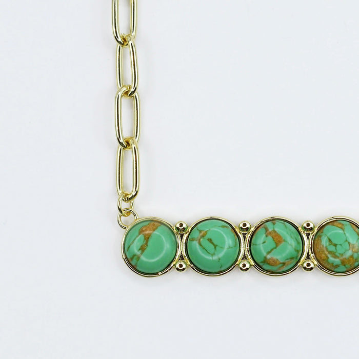 gold necklace with turquoise bar details, wholesale jewelry for women's boutiques, statement accessory, boutique wholesale jewelry, waterproof and hypoallergenic design, tarnish free and trendy necklace