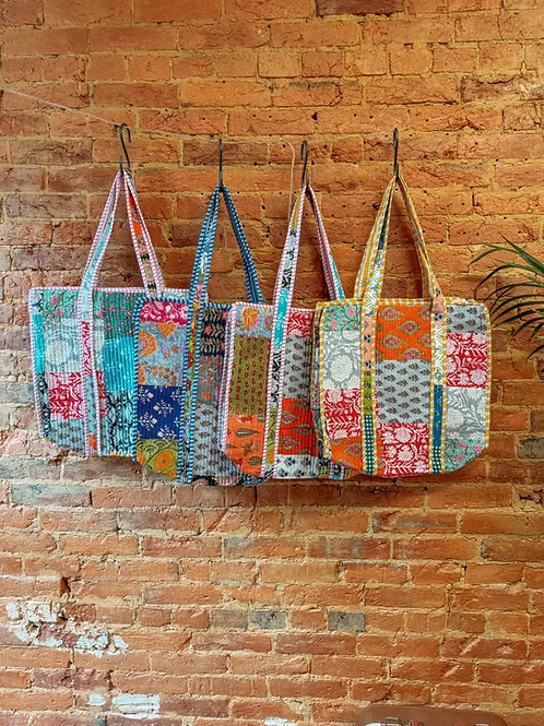 Hand Block Print Patchwork Cotton Quilted Tote Bag