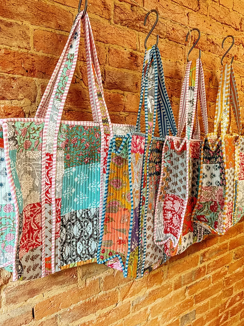 Hand Block Print Patchwork Cotton Quilted Tote Bag