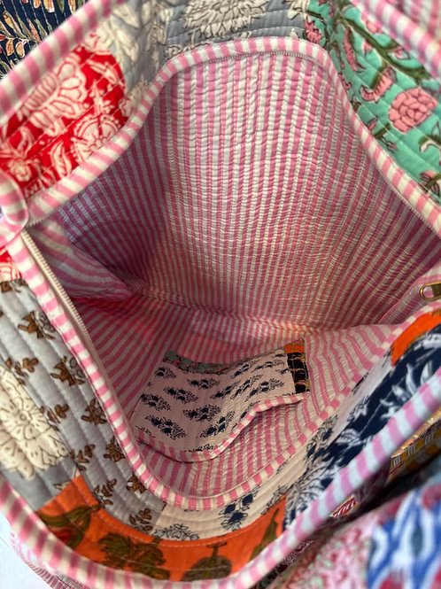 Hand Block Print Patchwork Cotton Quilted Tote Bag