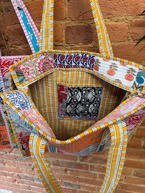 Hand Block Print Patchwork Cotton Quilted Tote Bag