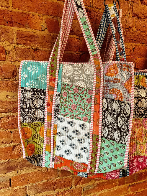 Hand Block Print Patchwork Cotton Quilted Tote Bag