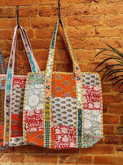 Hand Block Print Patchwork Cotton Quilted Tote Bag