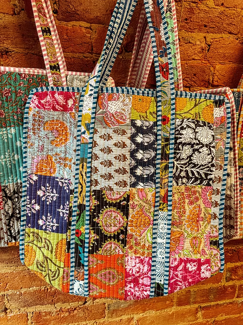 Hand Block Print Patchwork Cotton Quilted Tote Bag