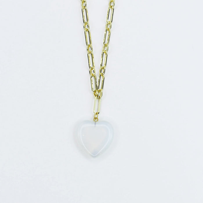 Dainty gold necklace with chic paperclip chain and translucent heart pendant, waterproof, hypoallergenic and tarnish-free, elegant and trendy accessory for women’s boutique jewelry