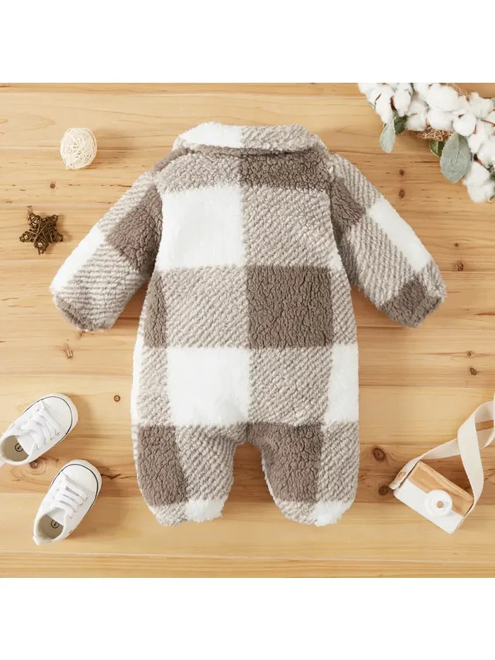 Khaki Plaid Fluffy Fleece Baby Lapel Long-Sleeve Jumpsuit