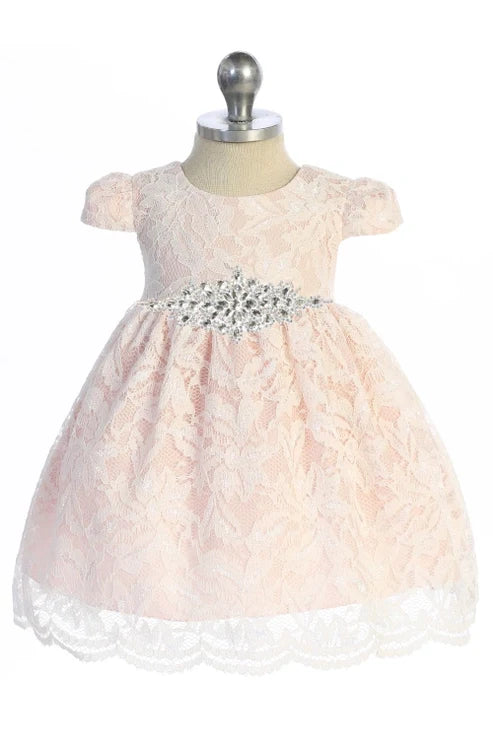 Lace V Back Bow Baby Dress w/ Diamond Shape Rhinestone Trim