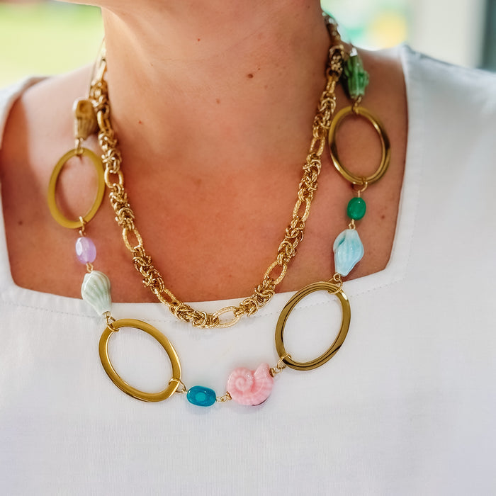 Colorful charms gold necklace featuring gemstone details, layered jewelry design, trendy accessory for women’s jewelry collections, boutique wholesale fashion necklace that is hypoallergenic, tarnish free, and waterproof jewelry with a cute aesthetic statement style