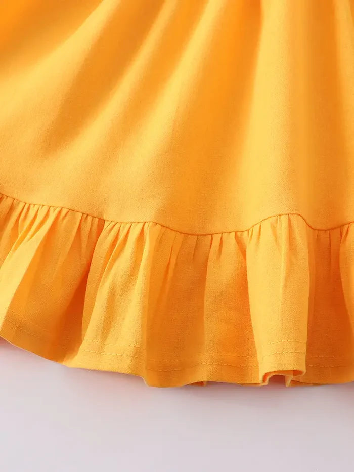 Mustard Ruffle Dress with Bow On Sleeve