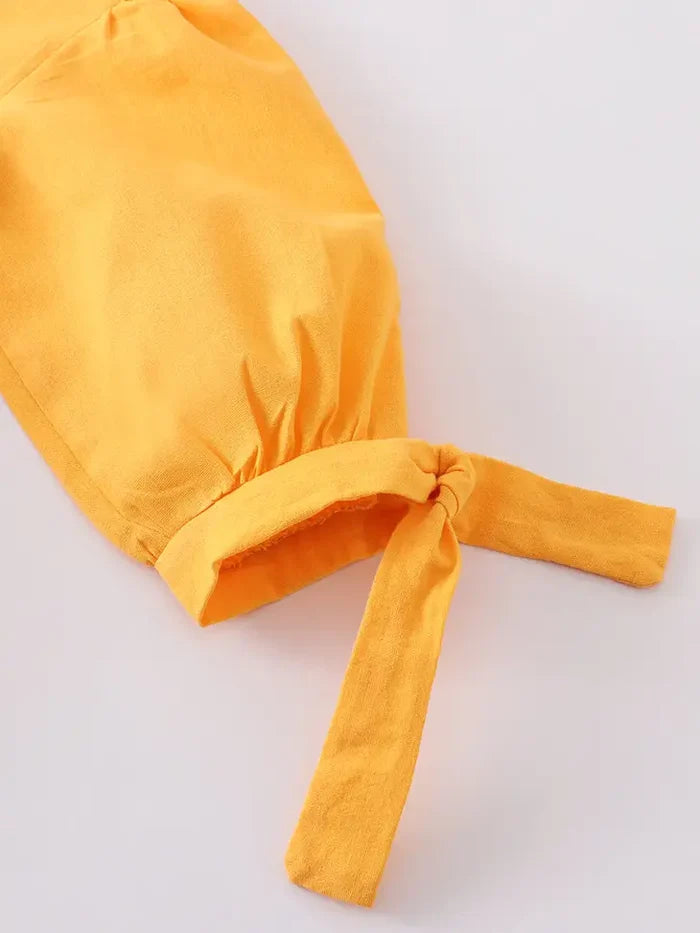 Mustard Ruffle Dress with Bow On Sleeve