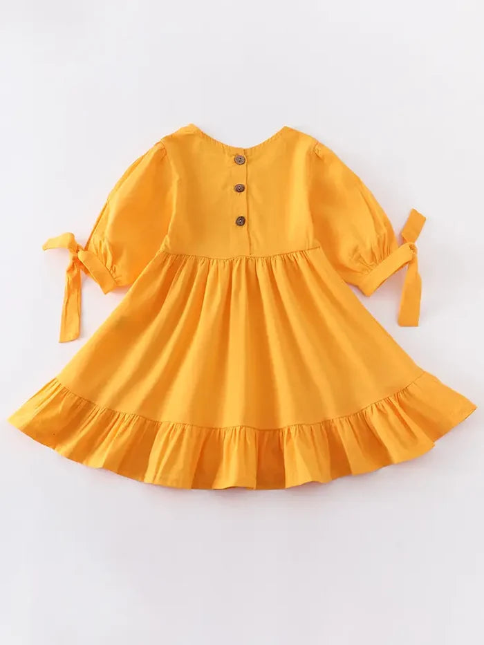 Mustard Ruffle Dress with Bow On Sleeve