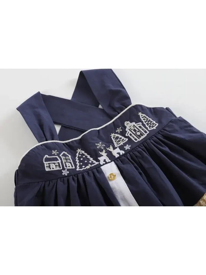 Navy and Gold Christmas Scene Baby A-Line Dress