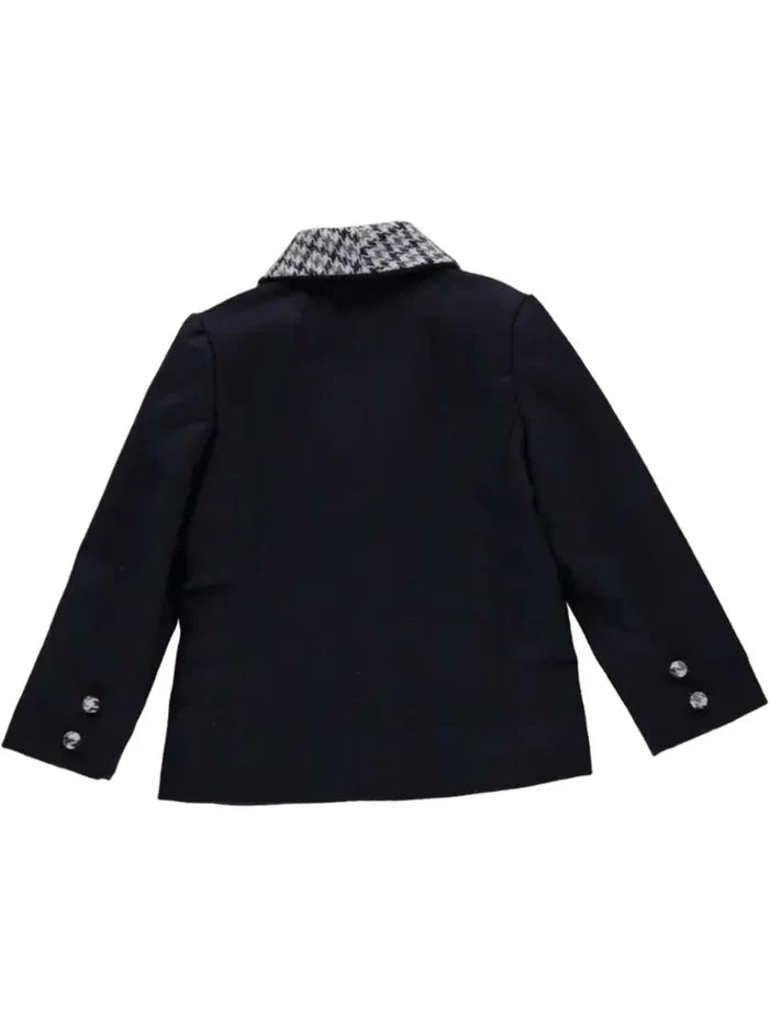 Navy Blue Blazer with Plaid Collar and Details