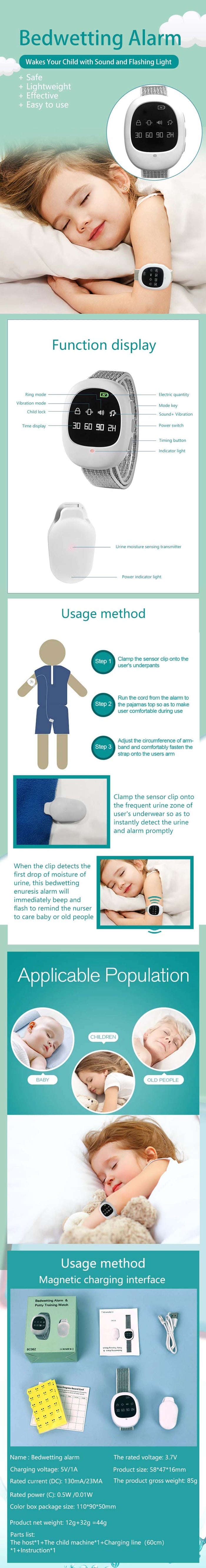 New Recharge Portable Bedwetting Treatment Enuresis Alarm with Smart Baby Diaper Sensor